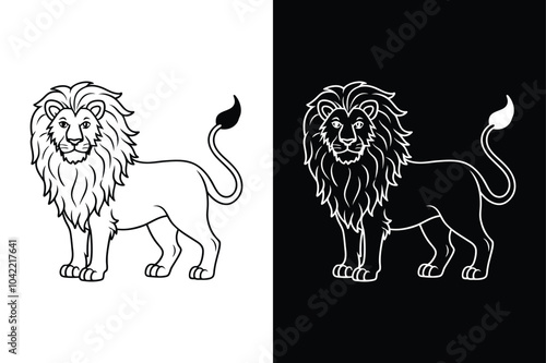 Lion black vector lineout icons on white and black background.