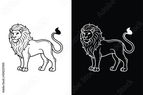 Lion black vector lineout icons on white and black background.