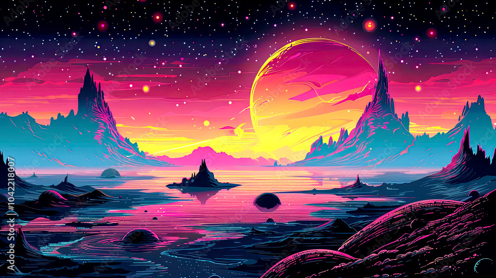 Fototapeta premium Vibrant sci-fi landscape with a colorful planet and mountains.