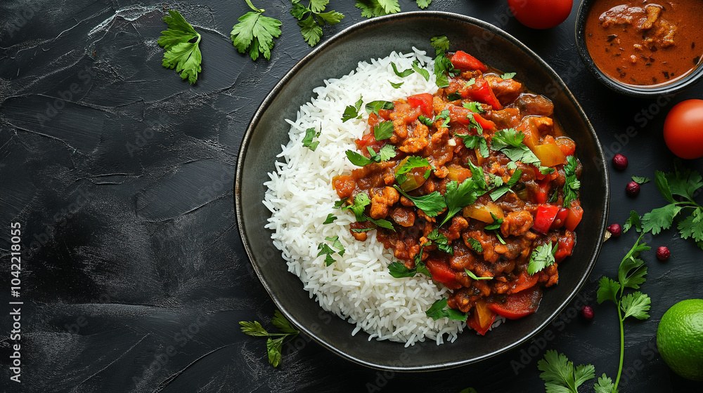 Delicious Indian Cuisine Spread with Rice and Curries Delicious Indian Cuisine Spread with Rice and Curries