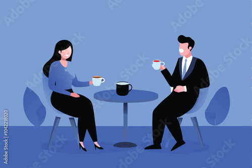 A man and a woman are having a coffee break and discussing business.  They are sitting at a table with their coffee cups.