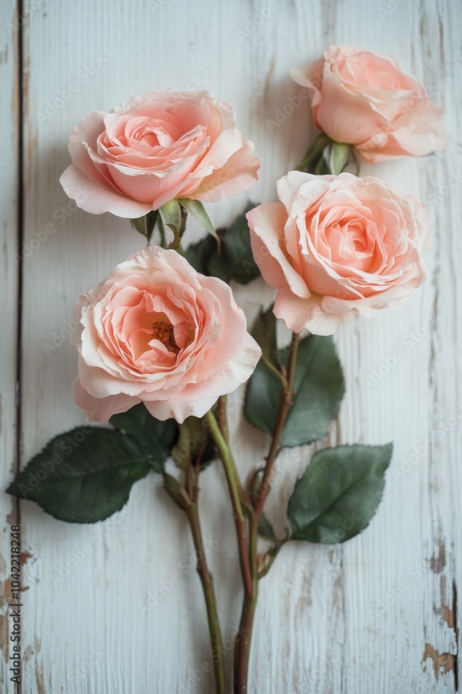 Soft pink roses arranged gracefully on a rustic wooden table, perfect for any occasion Soft pink roses arranged gracefully on a rustic wooden table, perfect for any occasion