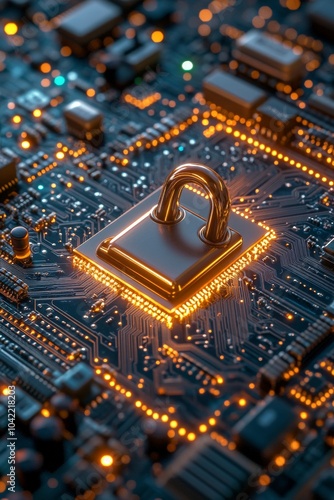 A golden padlock rests on a microchip board at a high tech facility demonstra...