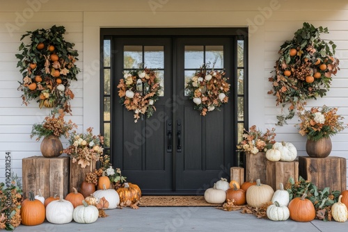 A beautifully decorated entrance with pumpkins and autumn foliage in a season...