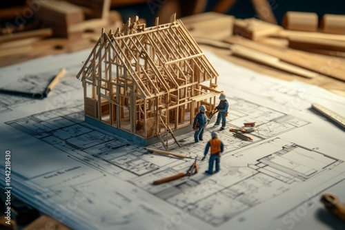 Construction workers assembling a miniature building model on a detailed arch...