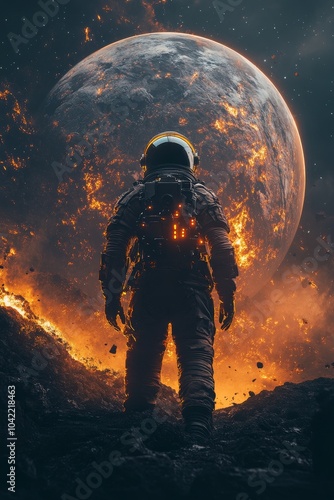 Astronaut stands on lunar surface gazing at a large moon during nighttime exp...