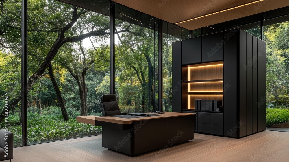 This stylish home office boasts black cabinets, a light wood desktop, and ample storage. A warm atmosphere is created with accent lighting and large windows bringing in natural light. This stylish home office boasts black cabinets, a light wood desktop, and ample storage. A warm atmosphere is created with accent lighting and large windows bringing in natural light.
