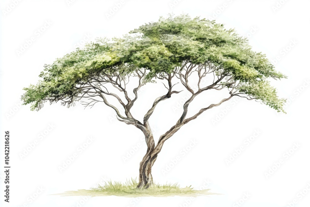 A lone acacia tree stands gracefully against a white backdrop A lone acacia tree stands gracefully against a white backdrop