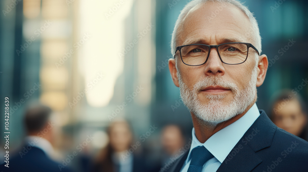 Fototapeta premium A professional man with glasses and gray hair stands confidently in a bustling cityscape, dressed in a suit, looking thoughtfully into the distance.