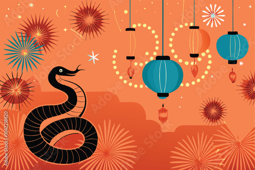 A festive illustration with a black snake, paper lanterns, and fireworks against a red background.