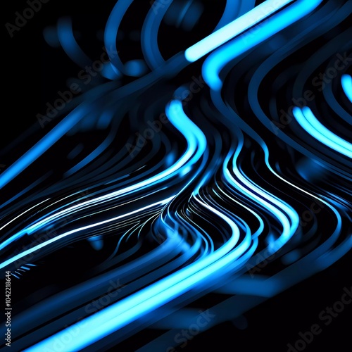 A striking display of smooth lines in vivid indigo and light blue creating an anamorphic bokeh effect, set against a deep black backdrop. This abstract art dances with light and movement Generative AI