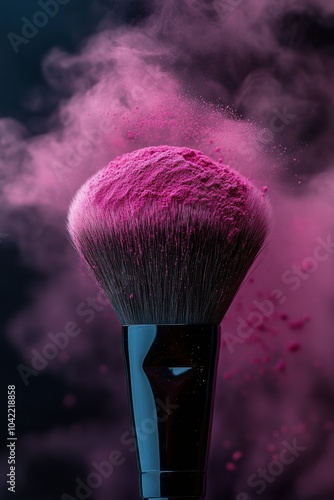 A close up view of a makeup brush resting on pink powder on a textured surfac...