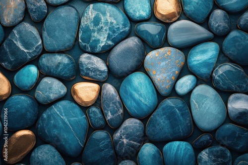 Colorful collection of blue and gold stones arranged artfully on a dark backg...