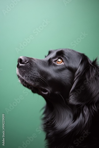 A black dog gazes thoughtfully in profile against a vibrant green background ...