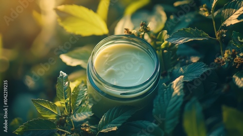 Natural skincare product placed among vibrant green leaves in a tranquil outd...