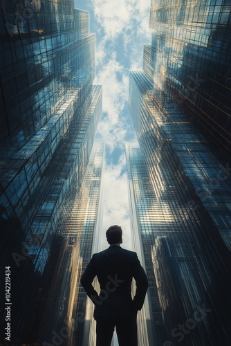 A businessman gazes upward between towering skyscrapers in an urban setting d...