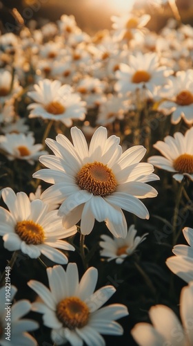 Beautiful daisies bloom in a sunlit meadow during golden hour near a tranquil landscape photo