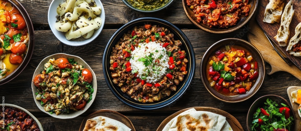 A variety of Turkish dishes including rice, meat, peppers, tomatoes, and flatbread. A variety of Turkish dishes including rice, meat, peppers, tomatoes, and flatbread.