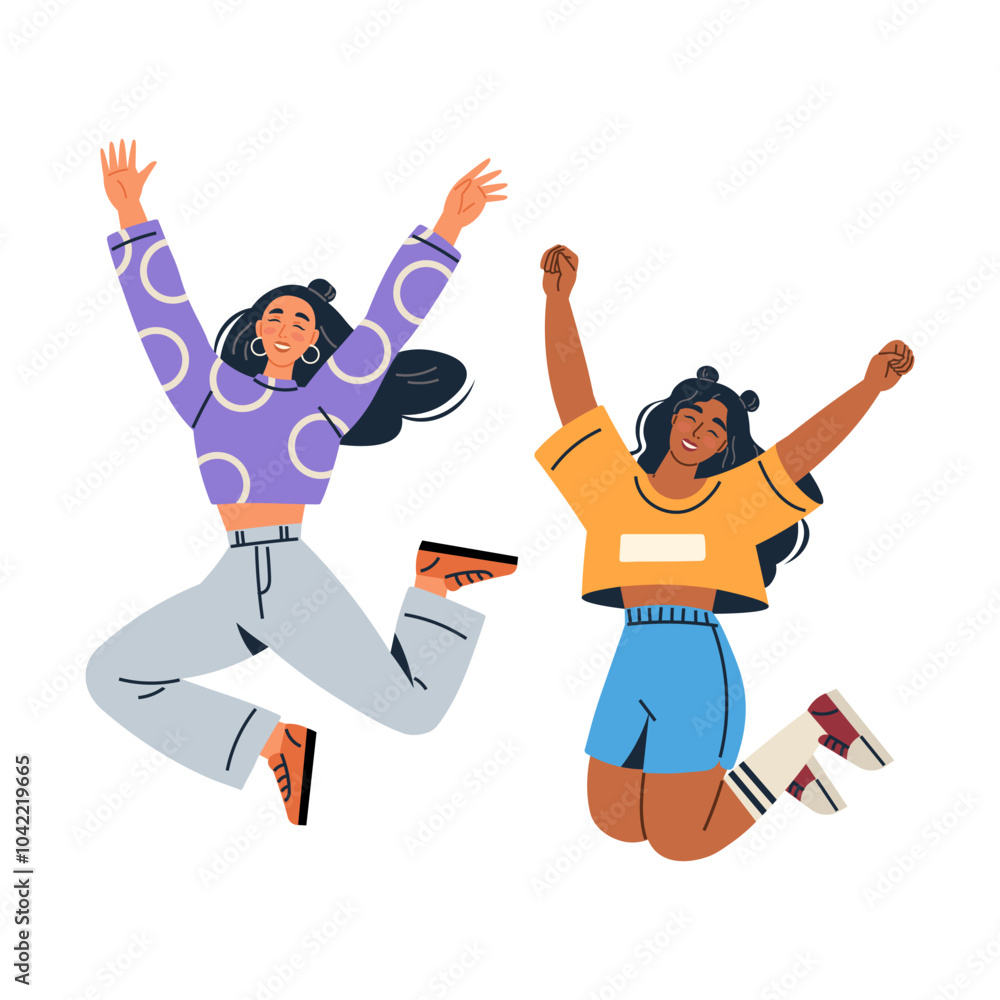 Two joyful people are jumping in mid-air with big smiles. One wears a purple spotty top and pants, and the other sports an orange top and blue shorts. Ideal for happiness positivity celebration Two joyful people are jumping in mid-air with big smiles. One wears a purple spotty top and pants, and the other sports an orange top and blue shorts. Ideal for happiness positivity celebration