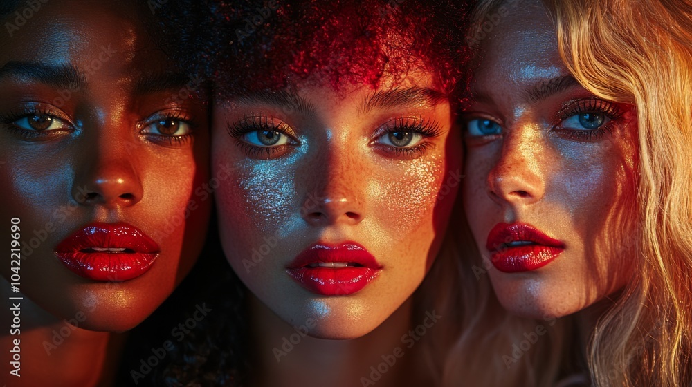 Obraz premium Close-up portrait of three women with colorful lighting