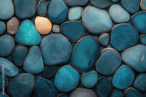 Colorful collection of blue and gold stones arranged artfully on a dark backg...