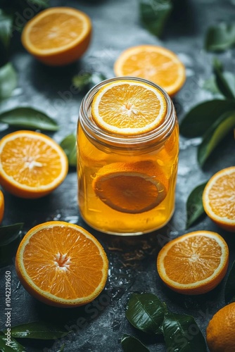 Freshly squeezed orange juice in a glass jar surrounded by orange slices and ...