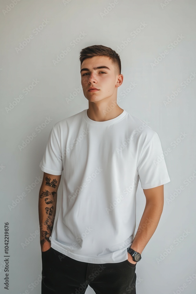 Young man in oversized t-shirt poses against a simple backdrop indoors Young man in oversized t-shirt poses against a simple backdrop indoors
