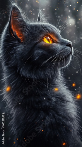 A majestic gray cat with striking orange eyes gazes into the distance on a qu...