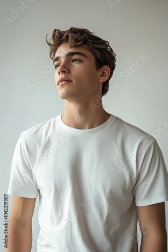 Young man wearing an oversized t-shirt against a neutral background