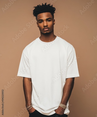 A young man modeling an oversized t-shirt against a neutral backdrop