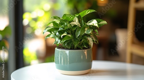 A small green plant in a white pot on a table with soft sunlight in a modern ...