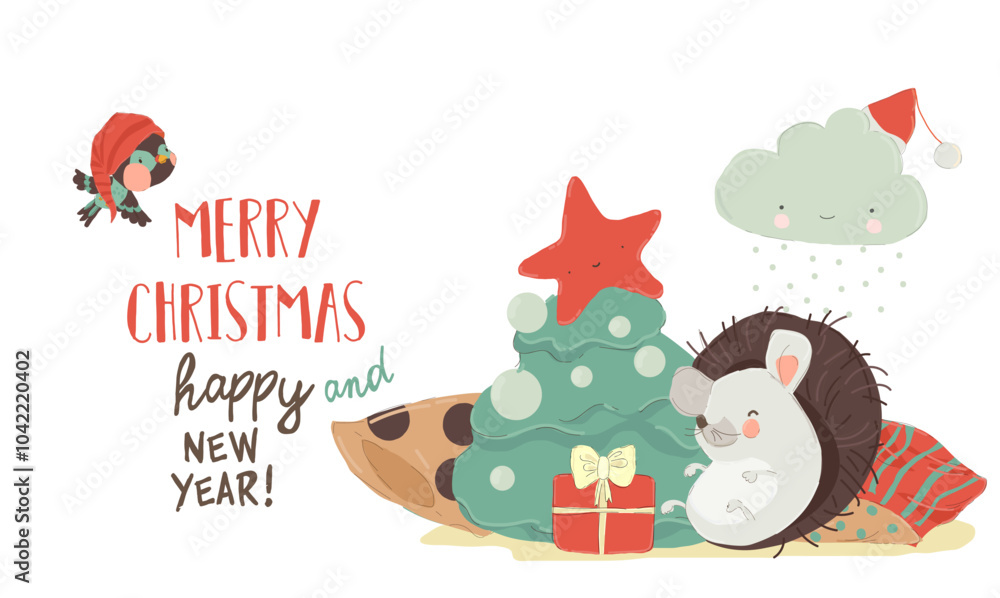 Christmas card with Cute Playful Christmas Hedgehog. Happy New Year, Merry Xmas Design Element Christmas card with Cute Playful Christmas Hedgehog. Happy New Year, Merry Xmas Design Element