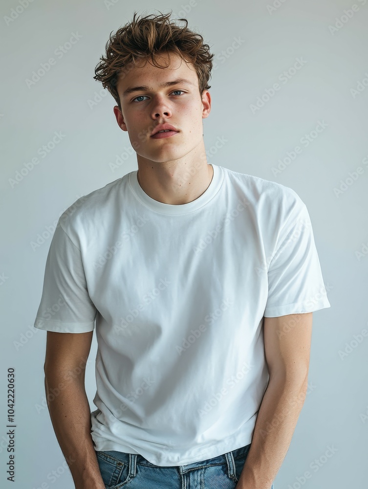 Young man wearing an oversized t-shirt and jeans standing indoors Young man wearing an oversized t-shirt and jeans standing indoors