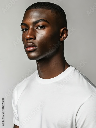 Young man wearing an oversized t-shirt with a confident expression indoors