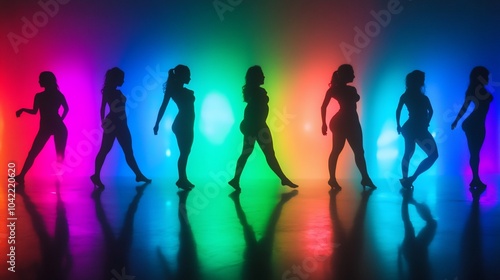 Seven female silhouettes posed in a row, backlit by vibrant rainbow colored lights.