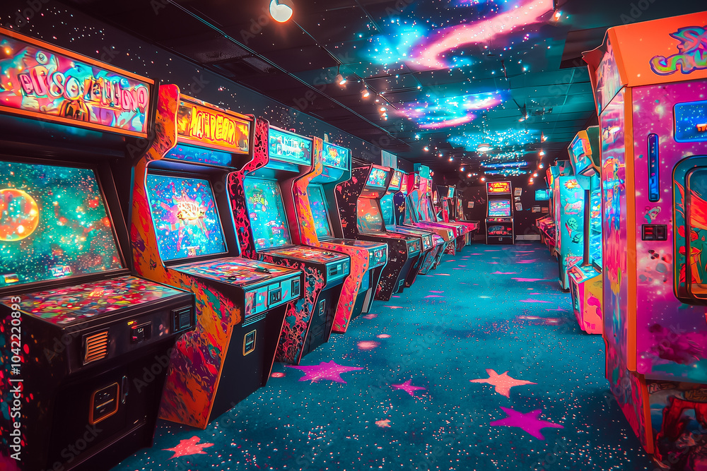Fototapeta premium Retro arcade game room with rows of colorful machines, isolated on a transparent background 