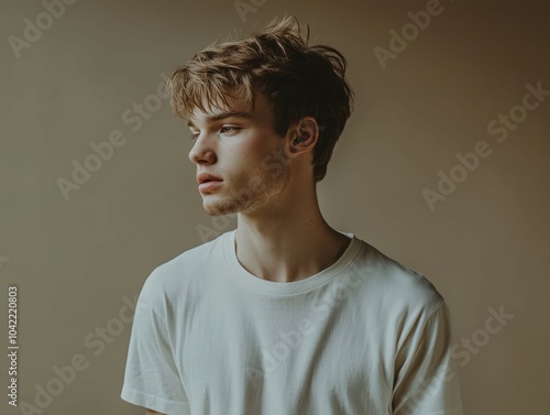 Young man wearing an oversized t-shirt with thoughtful expression indoors