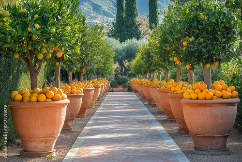 Lush walkway with orange trees in terracotta pots during sunny daytime at a s...