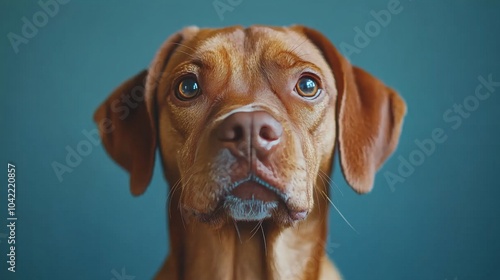 A bronze dog with bright eyes posing against a vibrant blue background in a s...