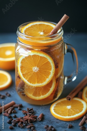 Freshly squeezed orange juice in a glass jar surrounded by orange slices and ...