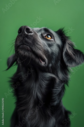 A black dog gazes thoughtfully in profile against a vibrant green background ...