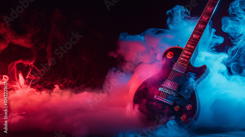 Music background with guitar. rock n roll. drums of smoke. Electric guitar with colorful smoke on black background