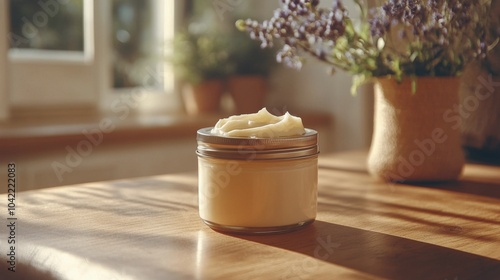 Whipped cream in a glass jar on an aged wooden table
