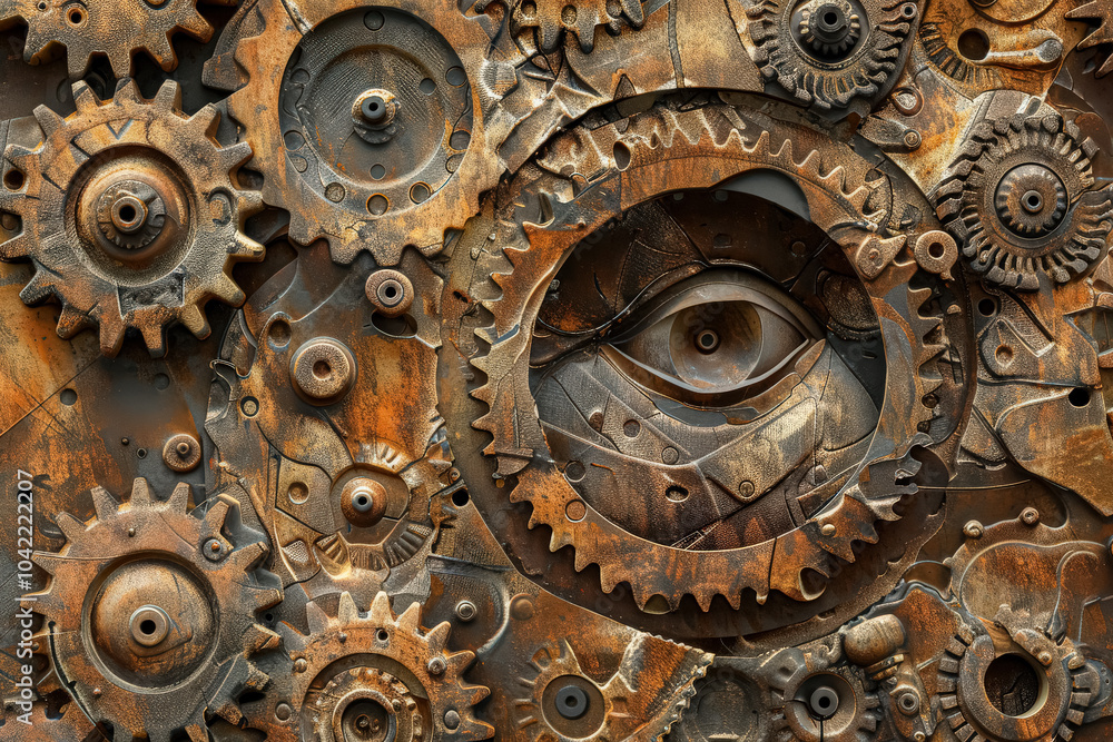 Close up of a machine with a large eye in the middle. The eye is surrounded by gears and other mechanical parts. Concept of mystery and intrigue Close up of a machine with a large eye in the middle. The eye is surrounded by gears and other mechanical parts. Concept of mystery and intrigue
