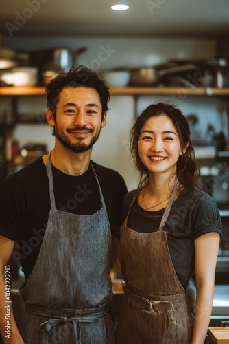 Happy couple in aprons posing together in a cozy kitchen during afternoon light