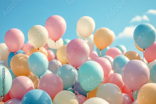 Colorful balloons floating under a bright blue sky during a cheerful outdoor ...