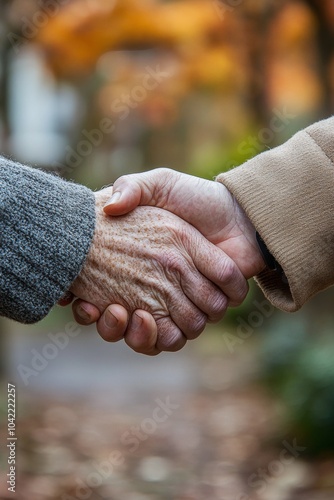 Two hands shaking in a peaceful outdoor setting during autumn afternoons
