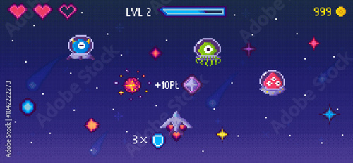 Pixel art style image shows a spaceship surrounded by three alien creatures. Points and power-ups are visible. Used for gaming, pixel art, space adventures, scoring, and retro themes