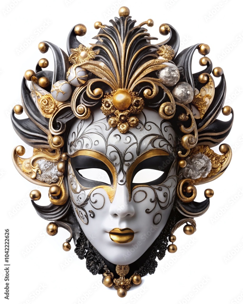 Naklejka premium Elegant Venetian masquerade mask with gold and black intricate details design