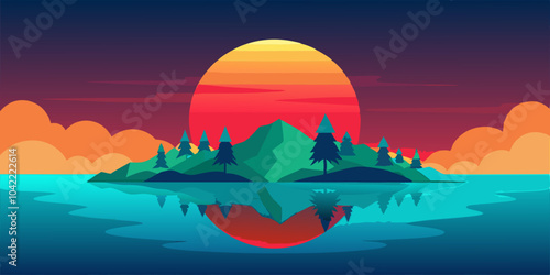 Serene Island Landscape with Sunrise – Tranquil Watercolor Art. A serene landscape featuring trees and a vibrant sun reflected in calm water,  blending soft hues of pink and blue to create a tranquil 